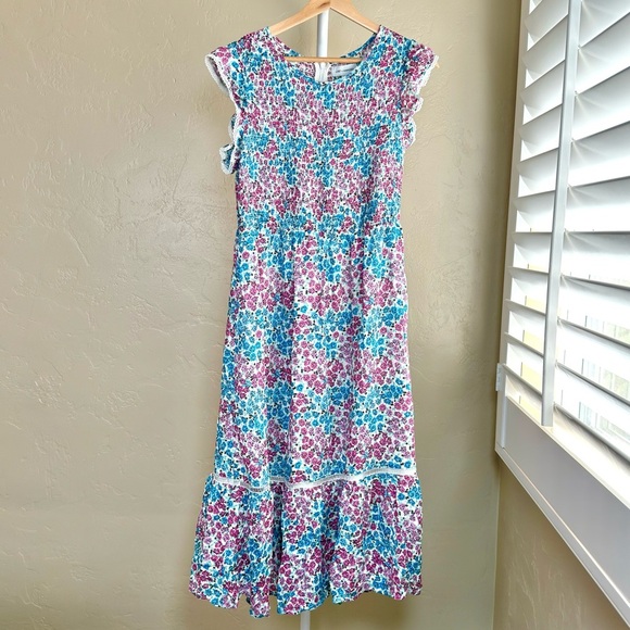 Women’s Lost + Wander Smocked Floral Midi Dress Medium Blue and Pink - Picture 1 of 9
